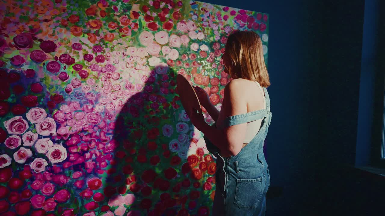 Artista donna che dipinge un'opera floreale vibrante su una grande tela