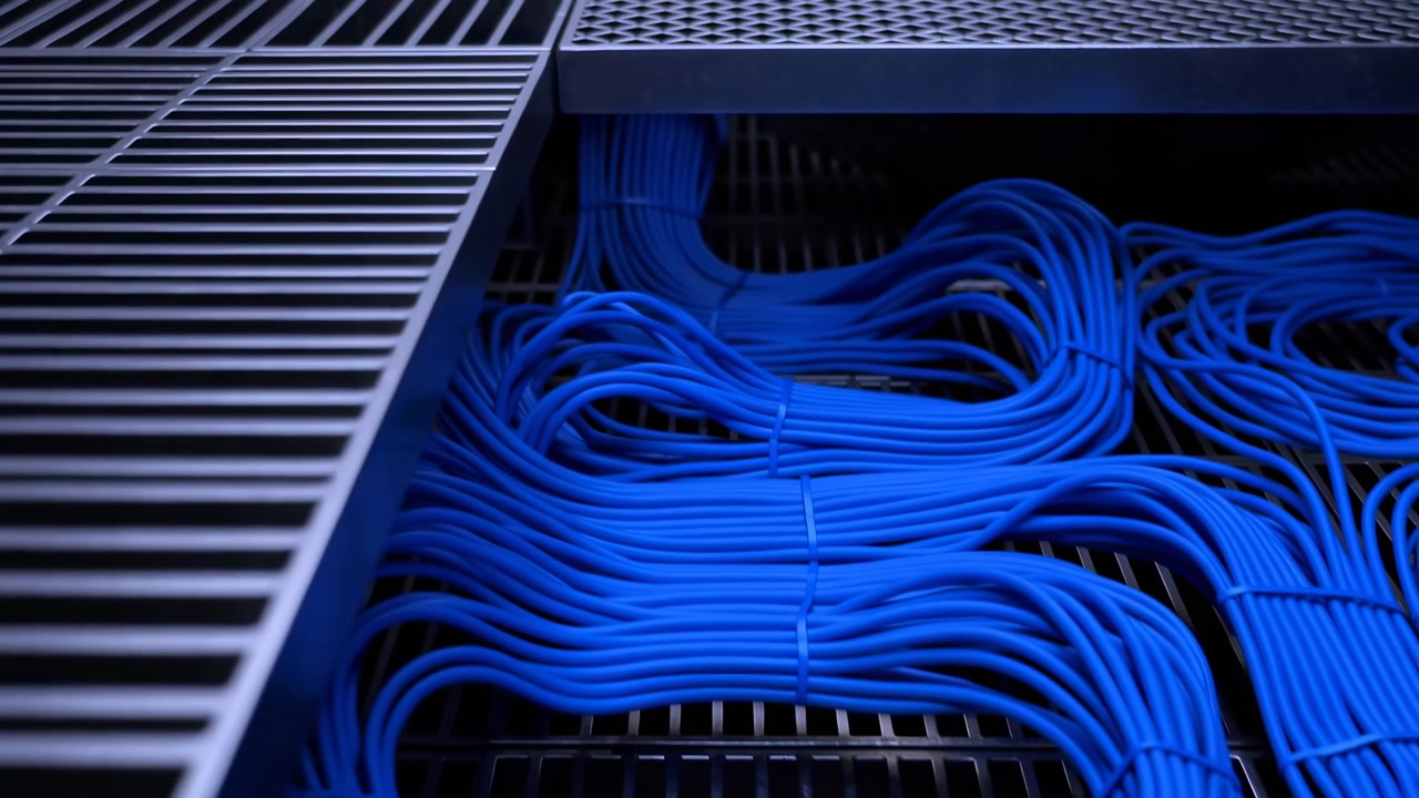 Low oblique view of raised diamond-mesh and slotted metal floor panels exposing neatly bundled blue Ethernet cables beneath, panel seam at midline opens to