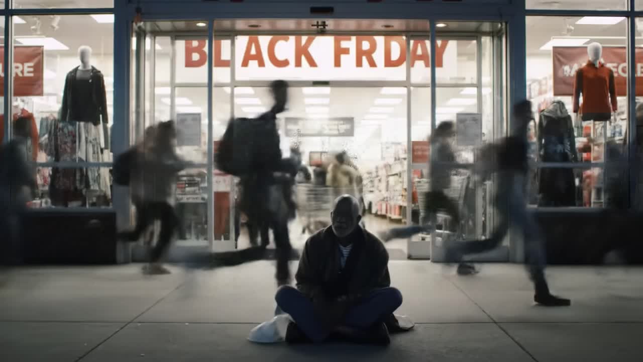 People hurry past a man sitting outside a store during a Black Friday sale. The atmosphere is hectic with shoppers eager to take advantage of discounts available that day.