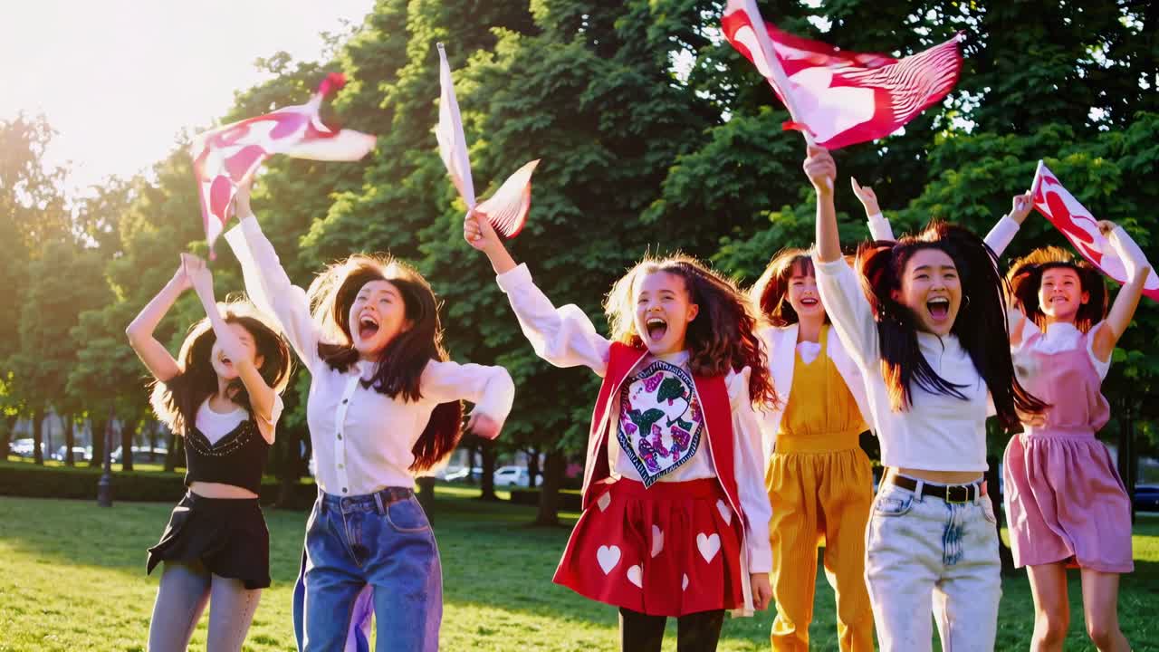 Teenage friends creating vibrant moments, jumping with heart shaped flags, radiating joy and energy across sunny park landscape during carefree leisure time
