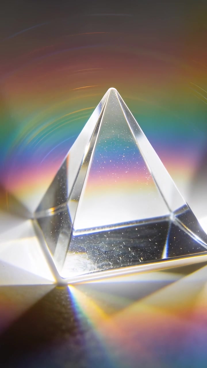 Video verticale: Raggio di luce che attraversa un prisma di vetro, proiettando bande arcobaleno cangianti su un tavolo scuro.