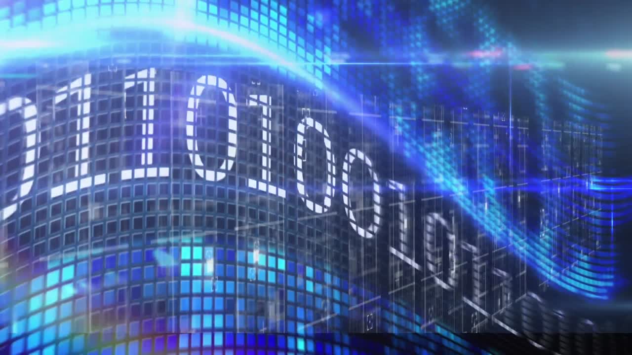 animación de codificación binaria y procesamiento de datos sobre fondo azul