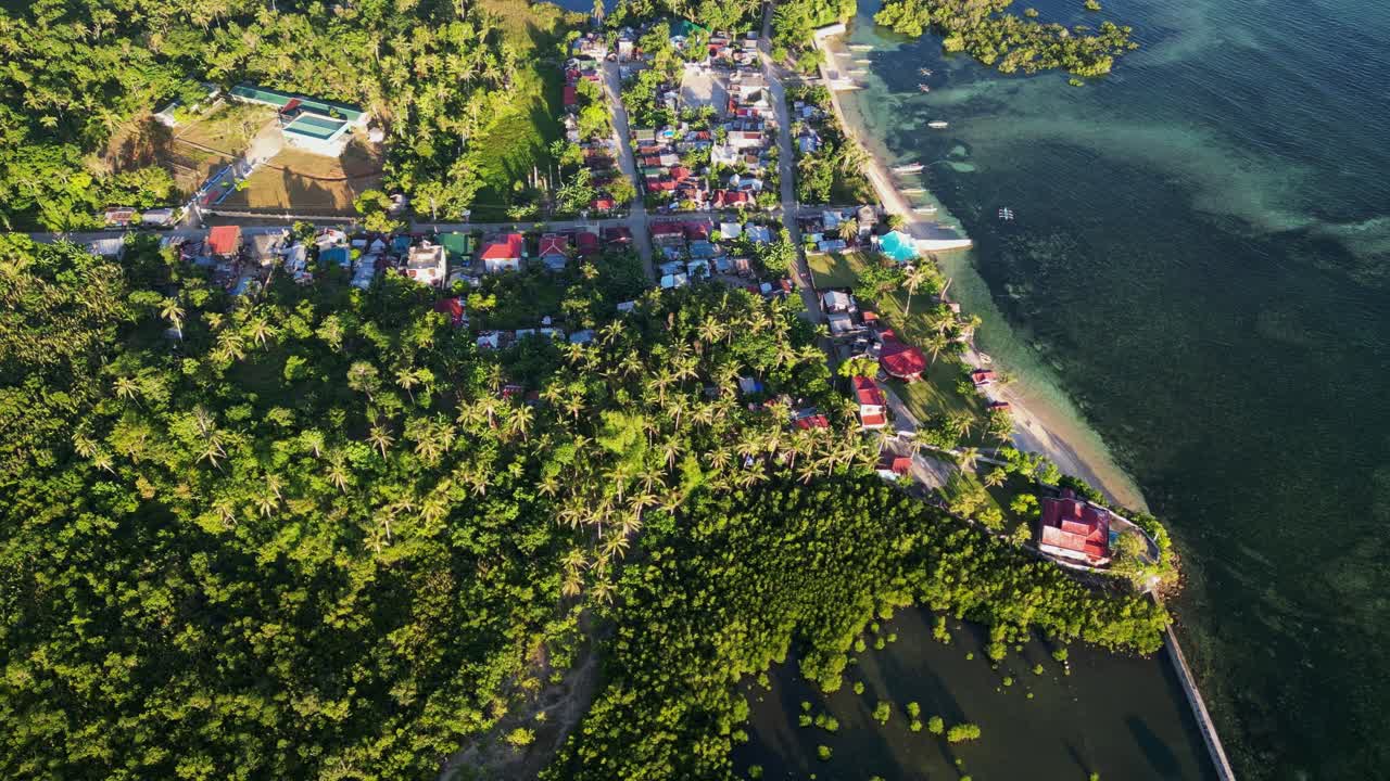 Overhead drone shot of abundant greenery along a scenic, coastal rural village community, Yocti, Catanduanes, Philippines.