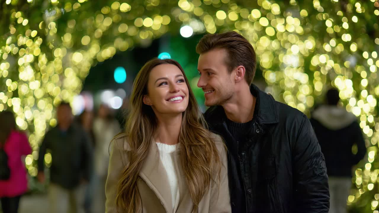 A couple enjoying a romantic stroll under a canopy of twinkling lights creates a memorable moment filled with love and joy, surrounded by a magical atmosphere that enhances their connection