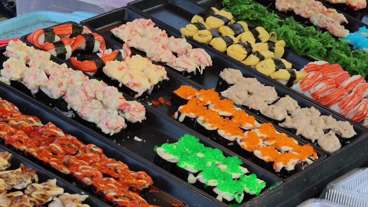 platos de sushi variados que se mueven en la cinta transportadora