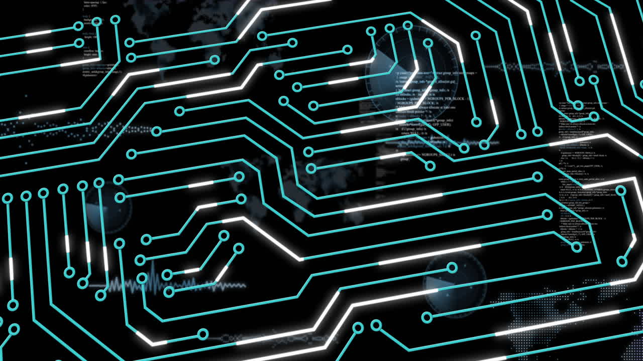 Visualizing glowing turquoise and white circuit grid spanning screen showing code and HUD overlays