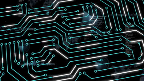 Visualizing glowing turquoise and white circuit grid spanning screen showing code and HUD overlays
