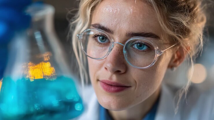 Konzentrierte/r Wissenschaftler/in, der/die eine Flasche mit blauer Flüssigkeit in einer Laborumgebung untersucht, aufgenommen in zwei Frames für einen aufschlussreichen Einblick in moderne Forschung und Entdeckung