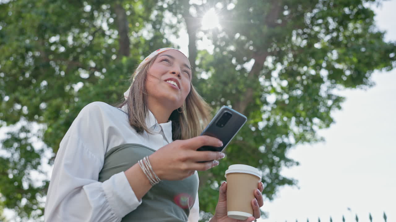 Phone, outdoor and happy woman for job