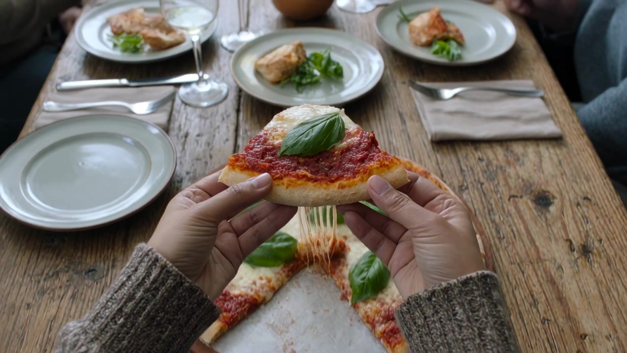 Mani adulte con un maglione di lana che si allungano per sollevare una fetta di pizza Margherita su un tavolo di legno, preparandosi a mangiare.