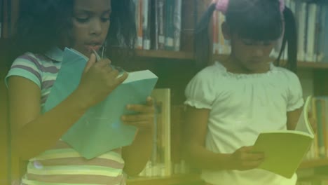 Animation-of-falling-confetti-over-diverse-girl-in-library