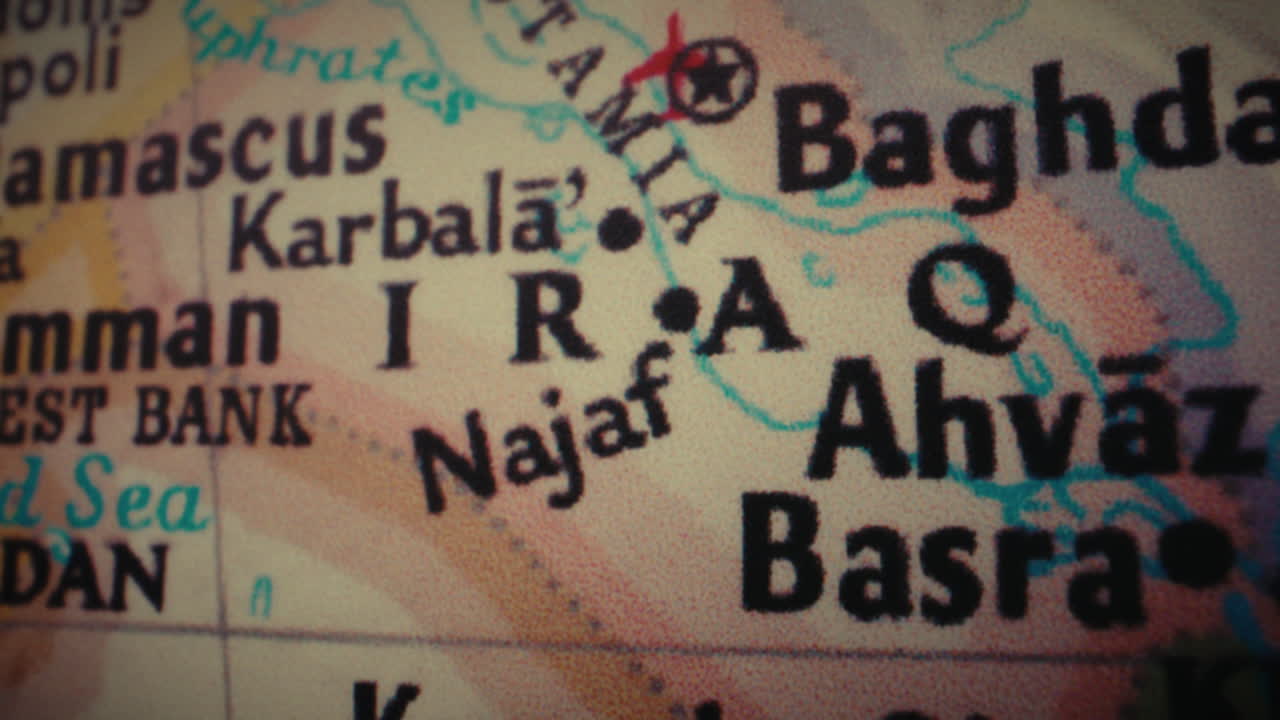 Close-up view of a map showing the Middle East, including Iraq, Syria, and Jordan