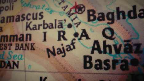 close-up view of a map showing the middle east, including iraq, syria, and jordan