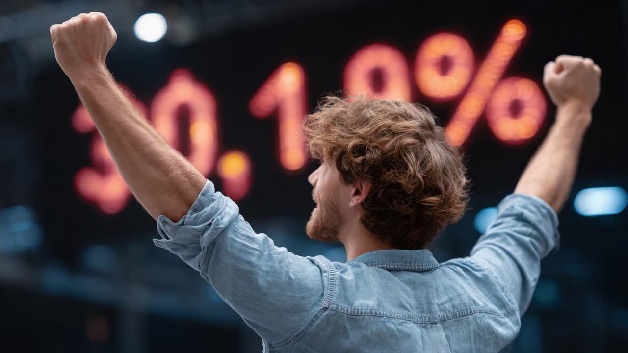 Festeggiamo il successo: un giovane uomo alza gioiosamente le braccia in segno di trionfo mentre si trova di fronte a uno schermo digitale che mostra un impressionante risultato del 30,1%