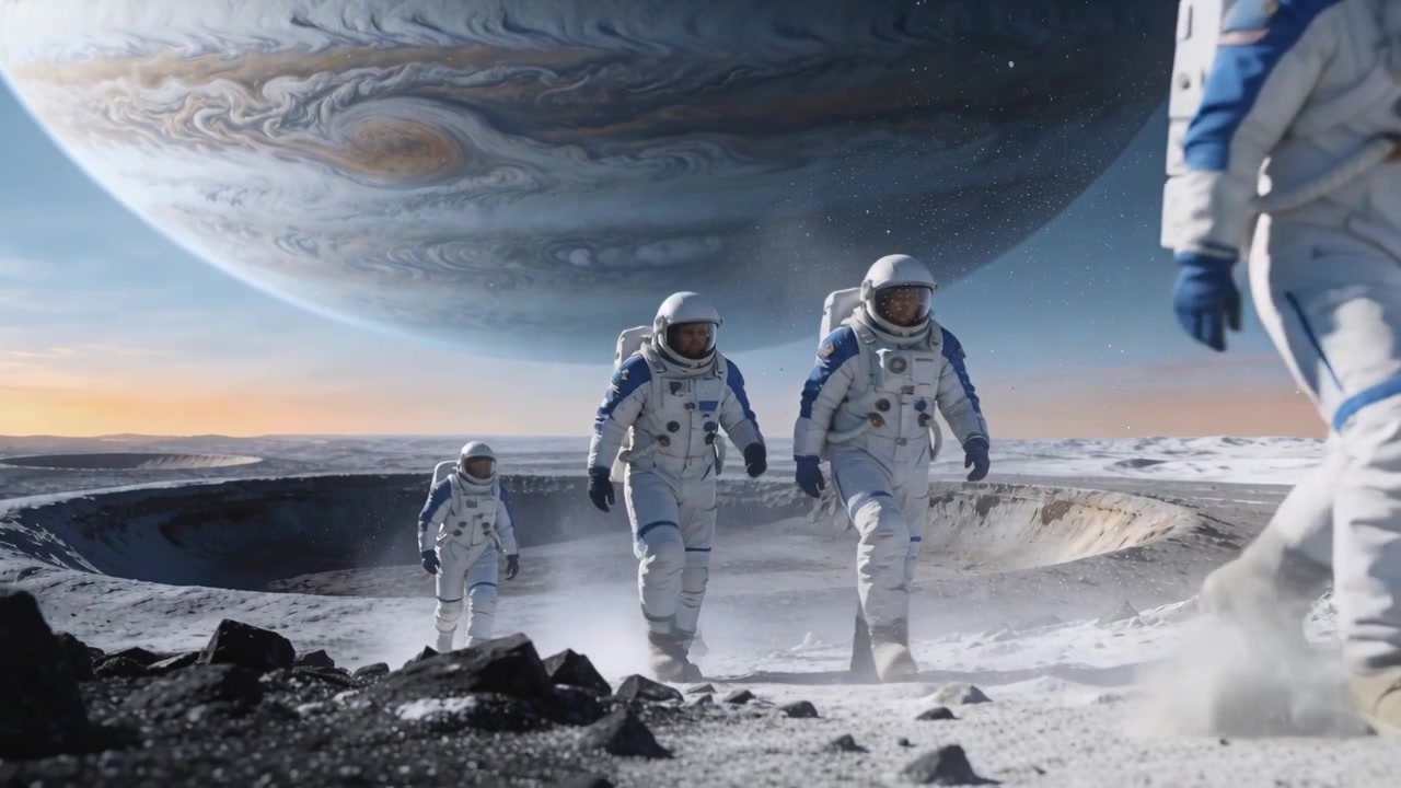 Fem astronauter i hvide dragter går i rækkefølge over en slette under en gigantisk planet, mens støv hvirvler op.