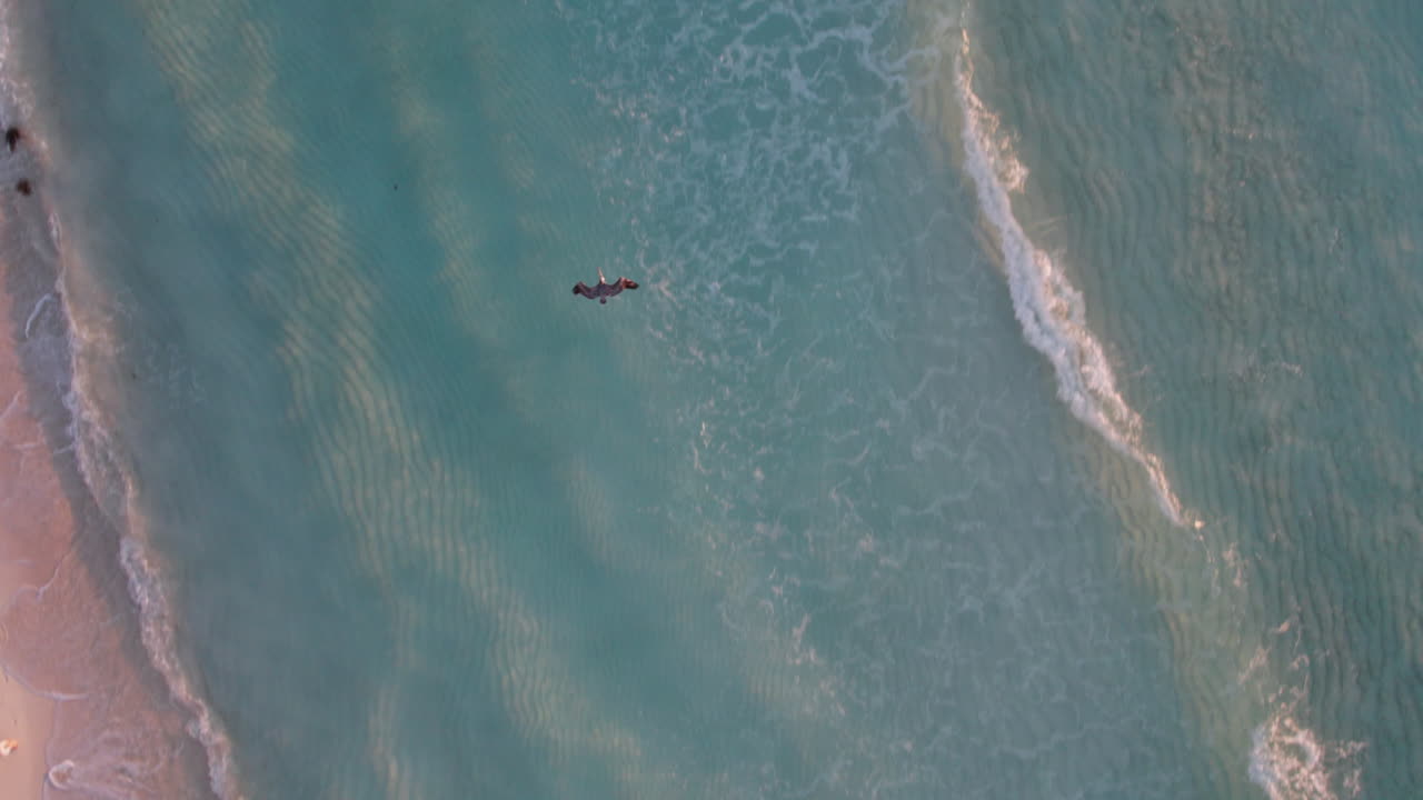 Aerial top down shot of pelican bird flying above rolling waves in a crystal clear blue ocean with white sand in Cancun, Mexico