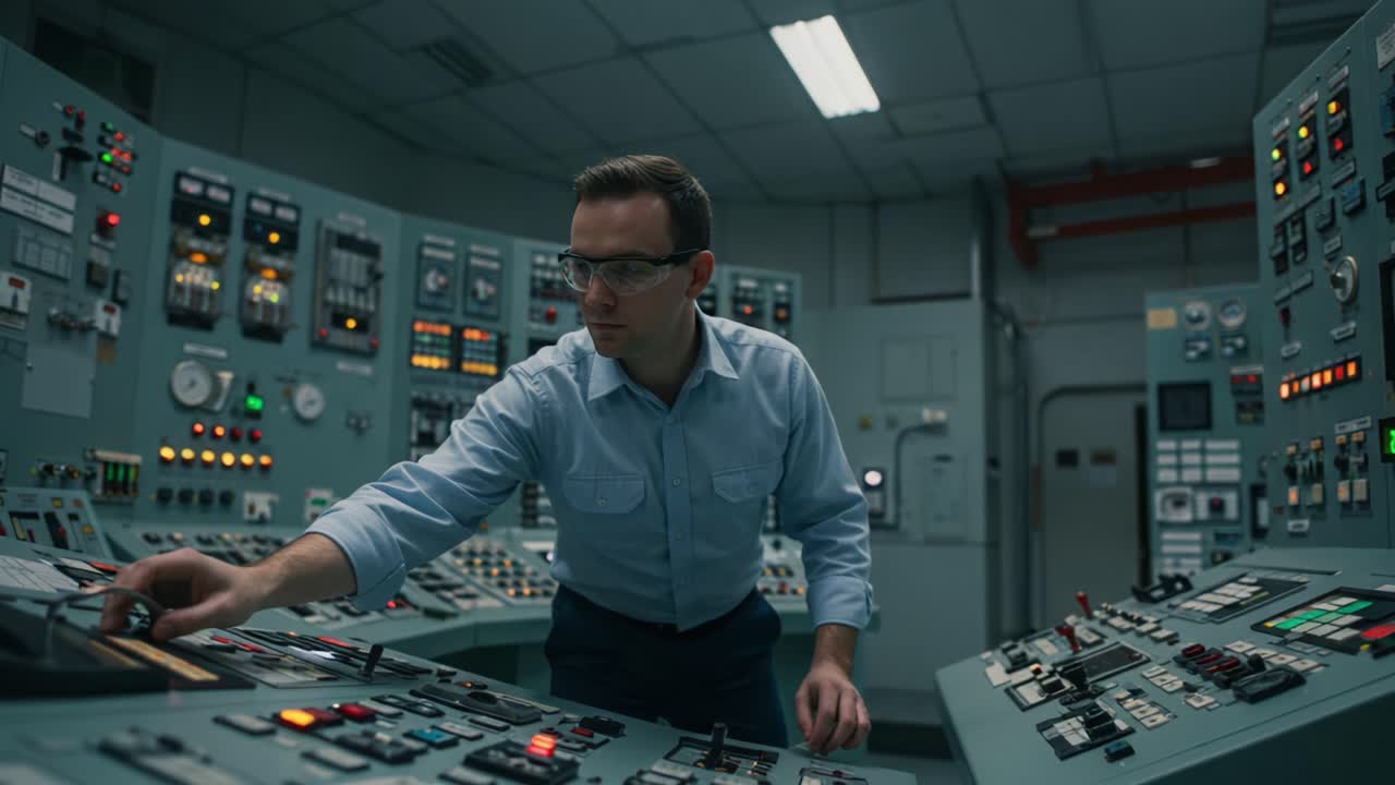 A skilled technician meticulously operates control panels in a high-tech control room, focusing on managing complex systems and ensuring optimal functionality and safety