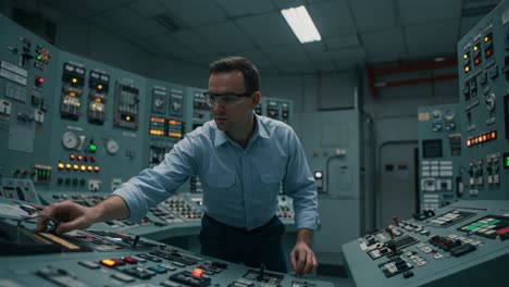 a skilled technician meticulously operates control panels in a high-tech control room, focusing on managing complex systems and ensuring optimal functionality and safety
