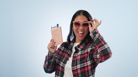 dancing, face or happy woman with a passport