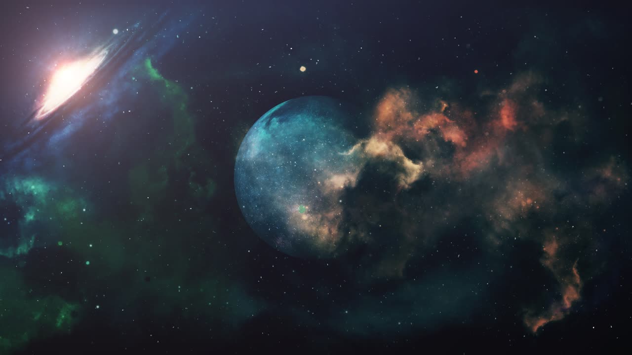 una galaxia, una nebulosa y un planeta azul en el universo