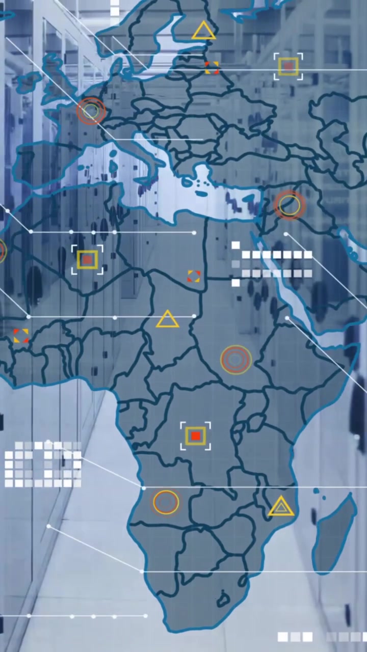 Animation of data processing and world map over computer servers