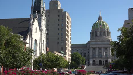 Establishing-shot-of-the-capital-dome-and-main-street-of-Harrisburg-Pennsylvania-1