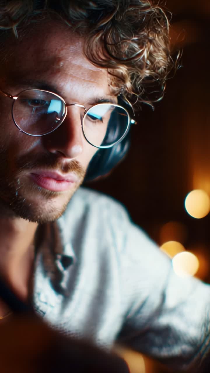 Focused male with glasses using a computer in a dimly lit environment, showcasing intent concentration and immersive engagement in digital tasks