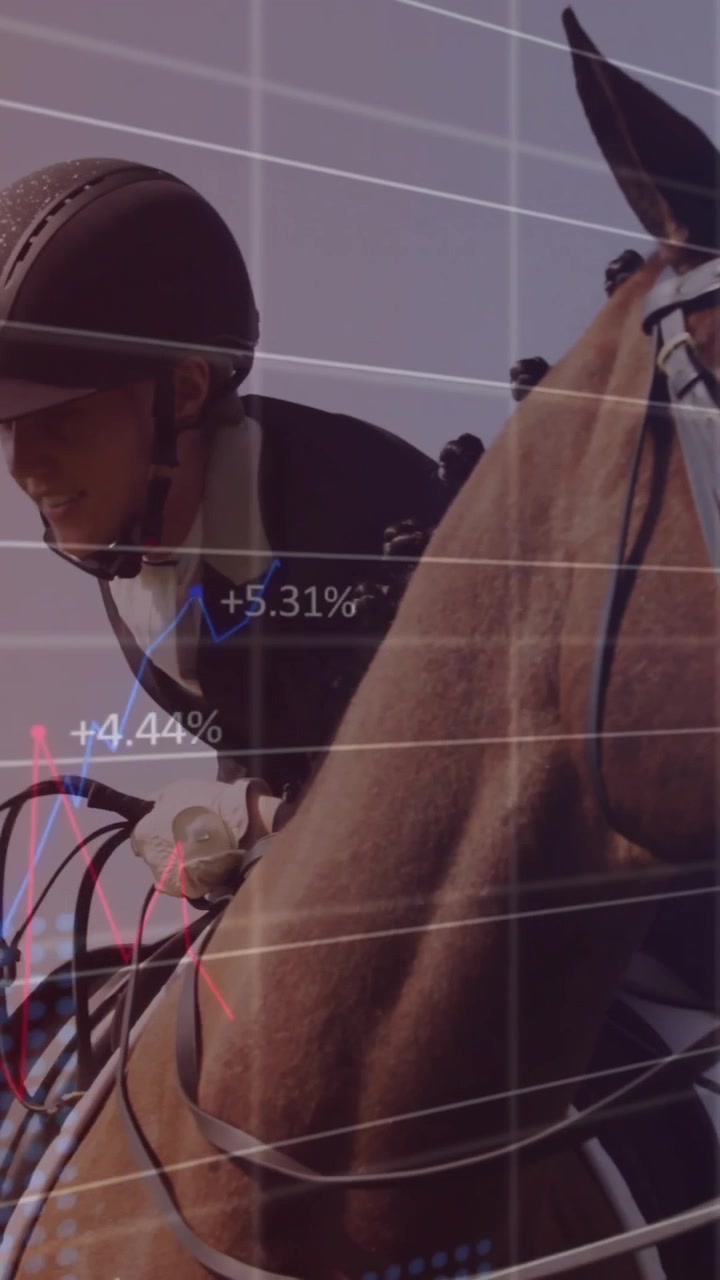 Animation of financial data processing over caucasian woman getting on horse
