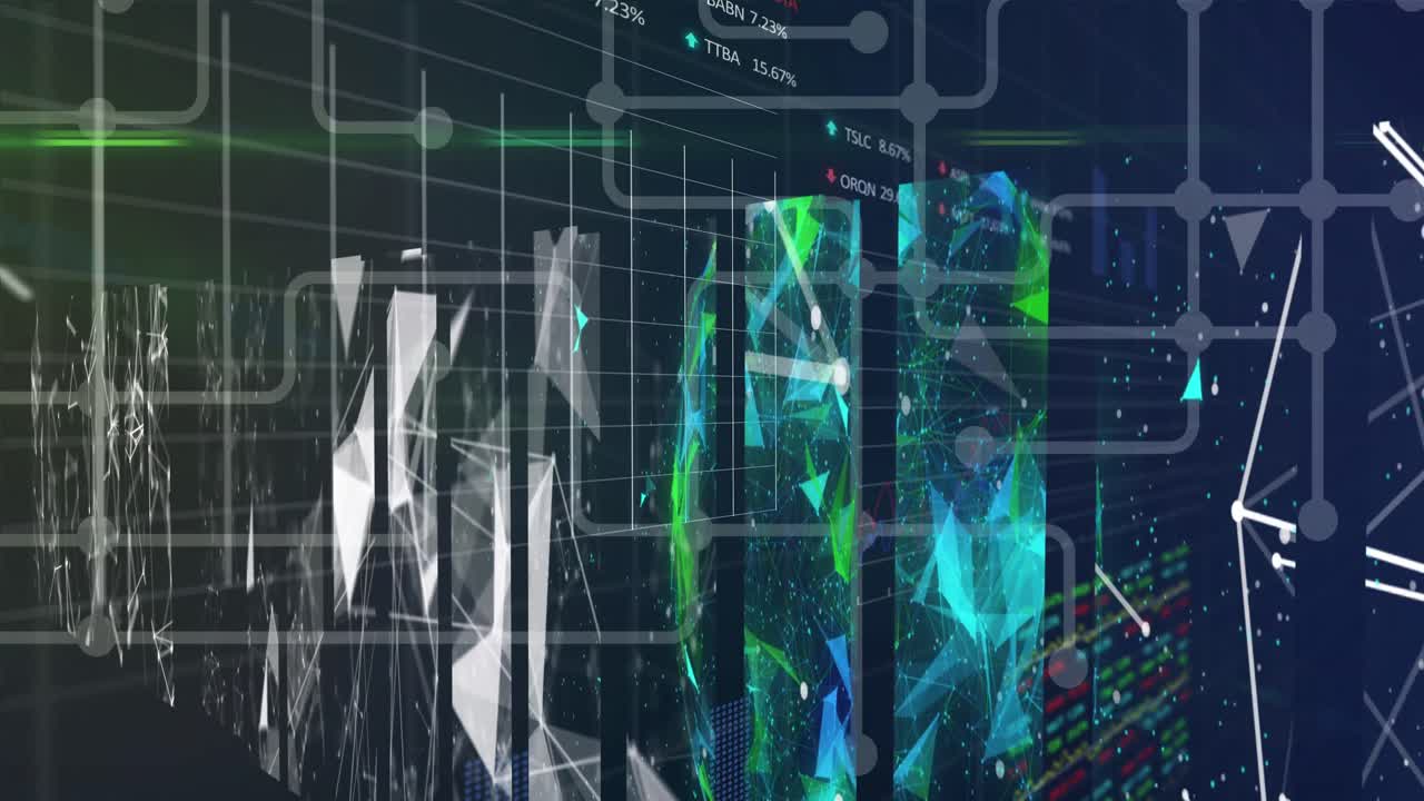 Stock market data processing over screens of plexus networks against blue background