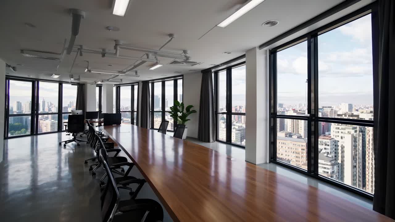 Wide-angle shot of a modern conference room with floor-to-ceiling windows, showcasing a cityscape