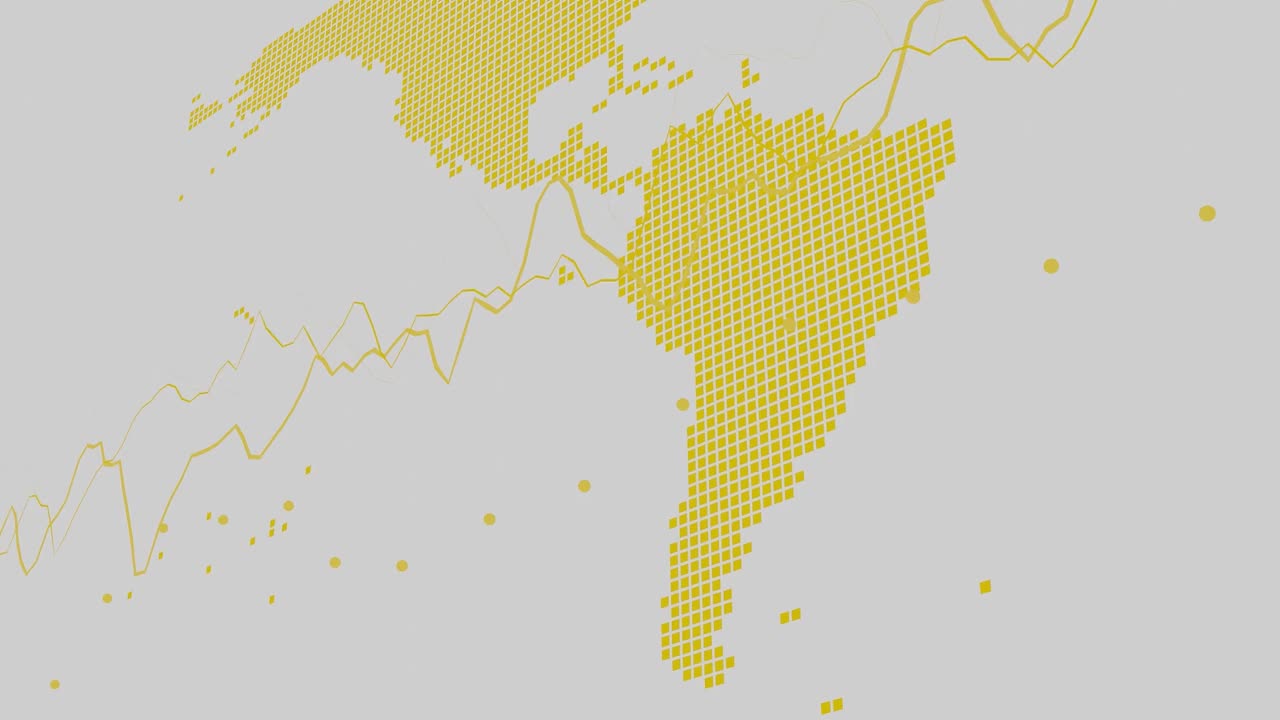 추상 세계 지도: 남미, 브라질, 아르헨티나, 콜롬비아, 북미, 노란색 점형 지역과 밝은 색 배경에 쳐진 선 그래프와 함께 데이터 시각화 및 글로벌 분석