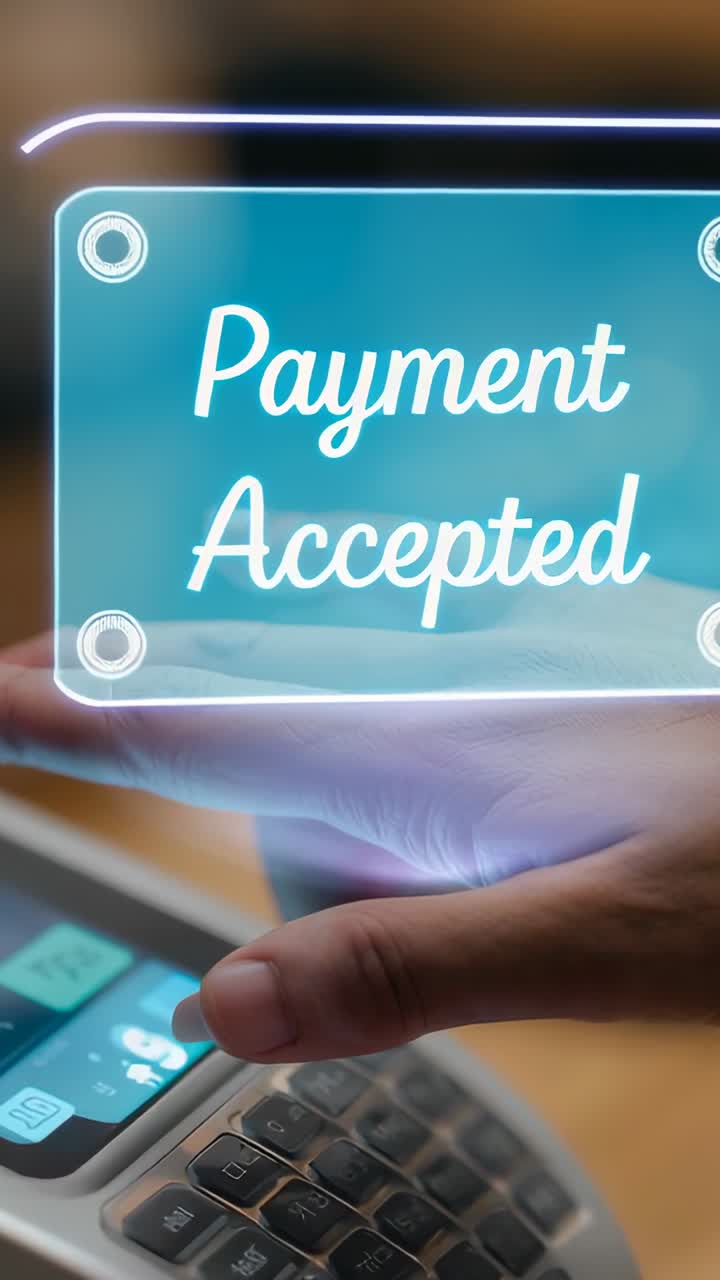 Vertical video: Moving adult hand tapping terminal at checkout, displaying Payment Accepted overlay