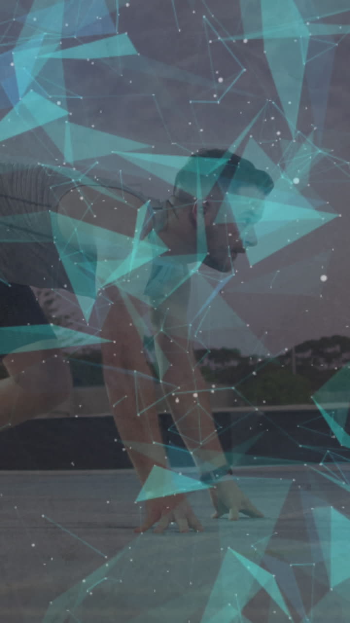 animación de formas geométricas sobre el hombre caucásico con cuchilla corriendo preparándose para comenzar