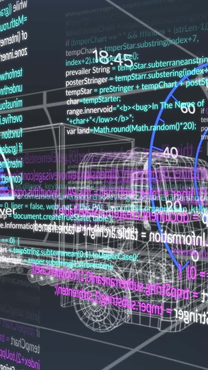 Animation of data processing and car panel with lorry on black background