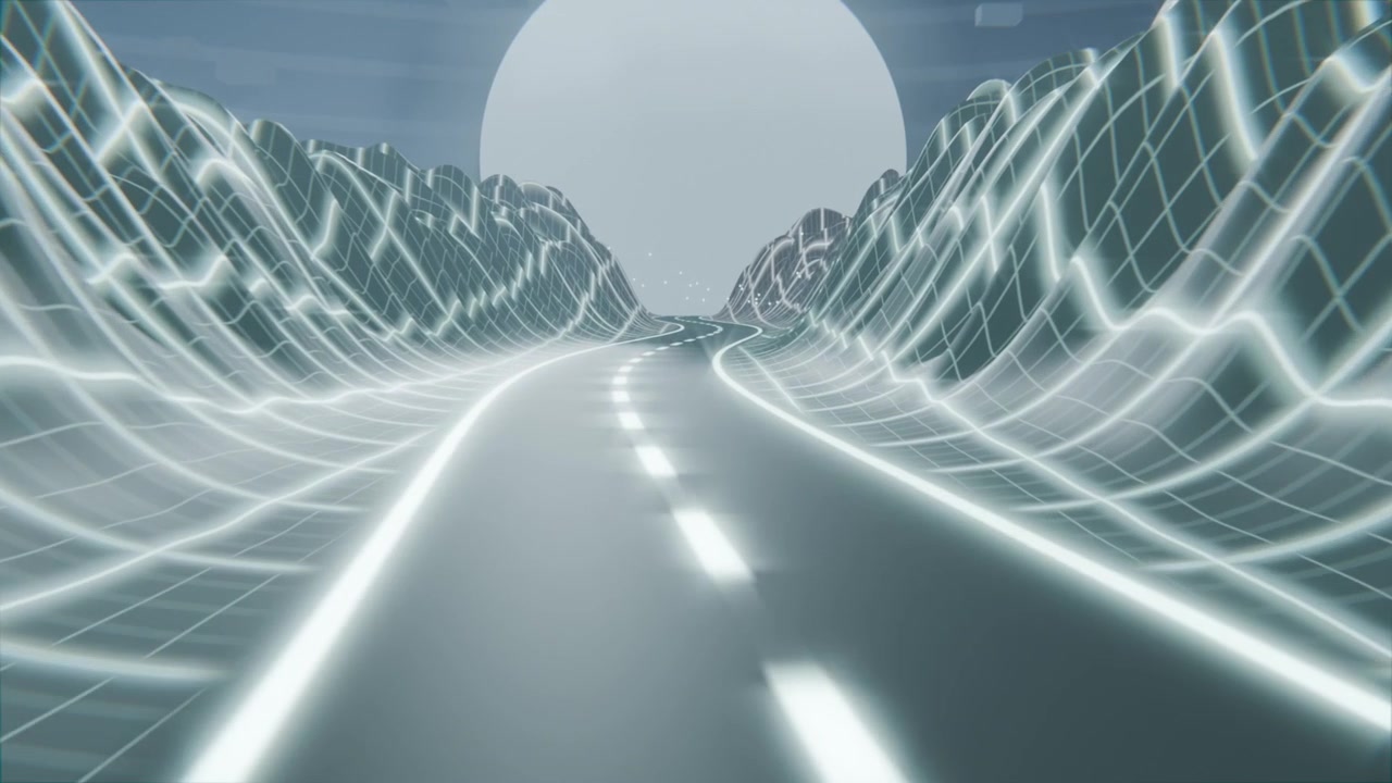 Advancing camera guiding view along two-lane road toward pale orb, framing glowing grid mountains