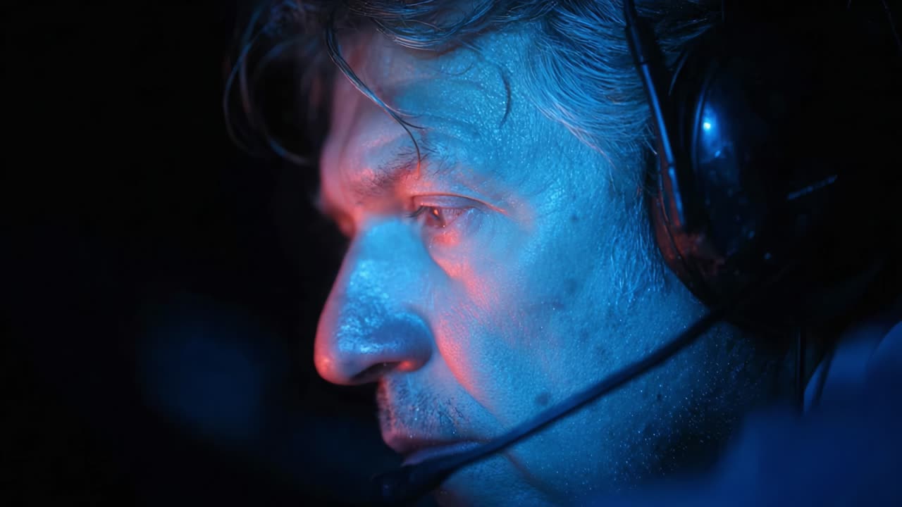 A Close-Up Portrait of a Focused Individual Wearing a Headset, Exuding Intense Concentration and Immersed in a Dimly Lit Environment with Colorful Lighting