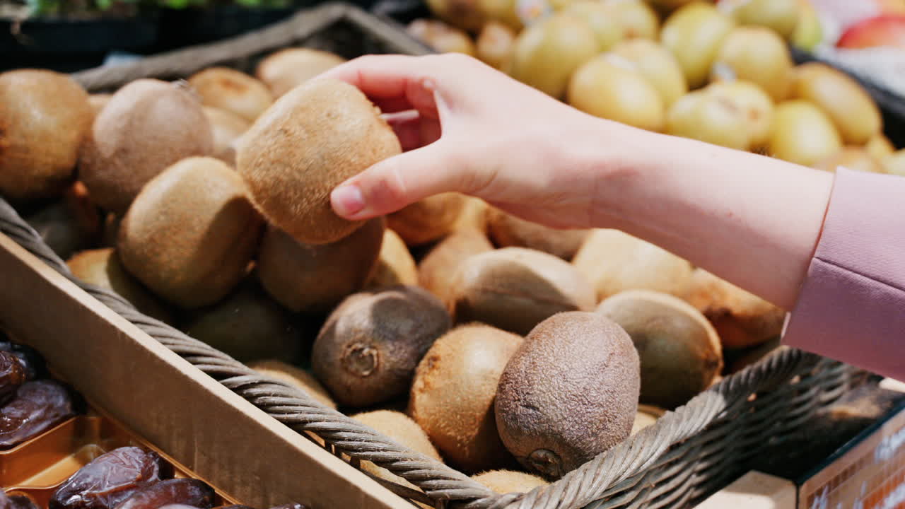 Close up of a woman's hand picking up kiwis at a market