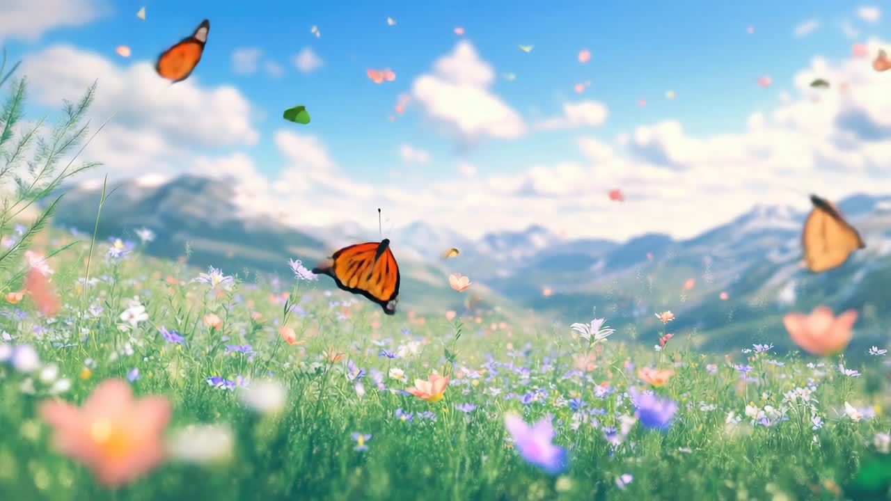 A serene, low-angle video captures butterflies fluttering over a vibrant meadow, set