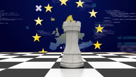 Animation-of-rook-on-chess-board,-computer-language-and-map-over-european-union-flag