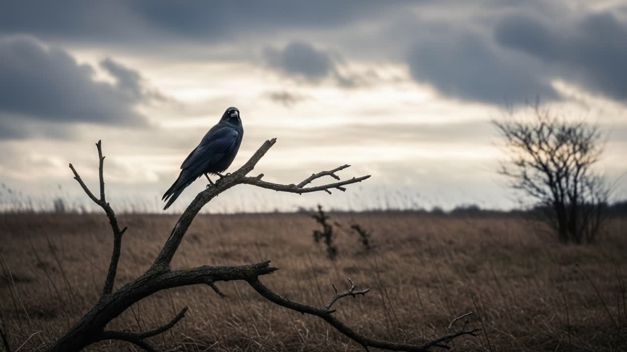 En ensom ravn siddende på en bar gren mod en dramatisk, skyet himmel på en stor, åben mark, der indfanger et øjebliks stilhed i naturens landskab.