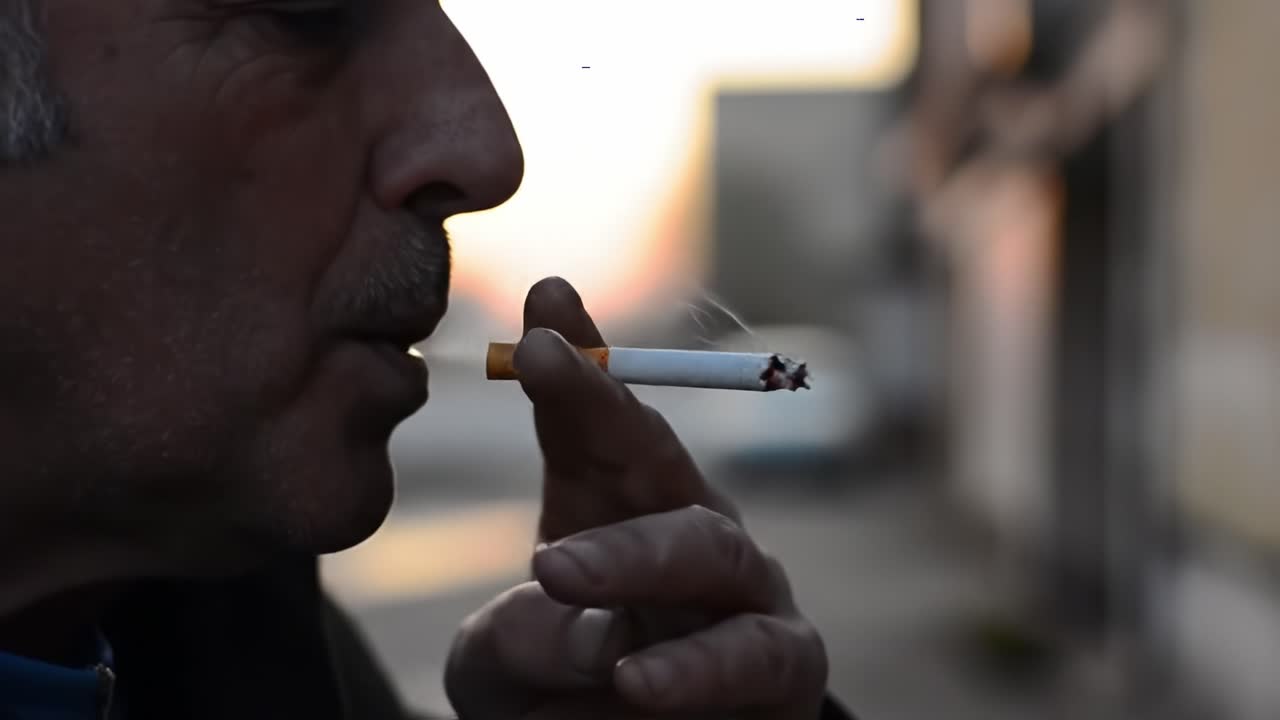 A Contemplative Moment: A Close-Up of a Man Extinguishing a Cigarette While Sharing His Thoughts on a Serene Evening, Exhaling Wisps of Smoke