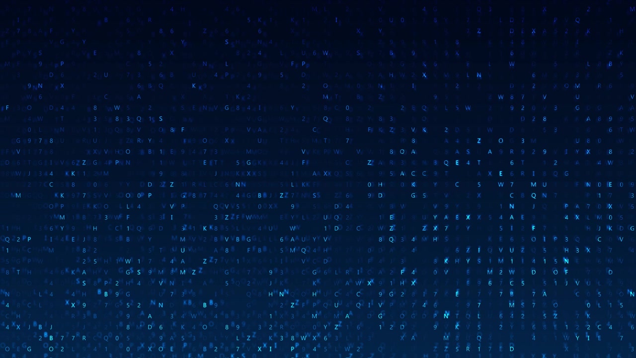 Glowing blue character matrix visual with floating numbers letters and dark digital depth perfect