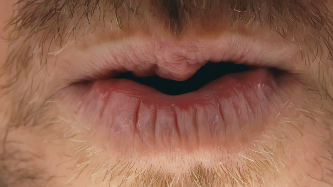 primer plano de un hombre con bigote escupiendo semillas de girasol de la boca en cámara lenta extrema