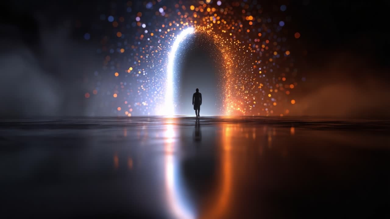 A mesmerizing figure stands before a vibrant cosmic portal, illuminated by a cascade of sparkling lights, creating a surreal and enchanting atmosphere