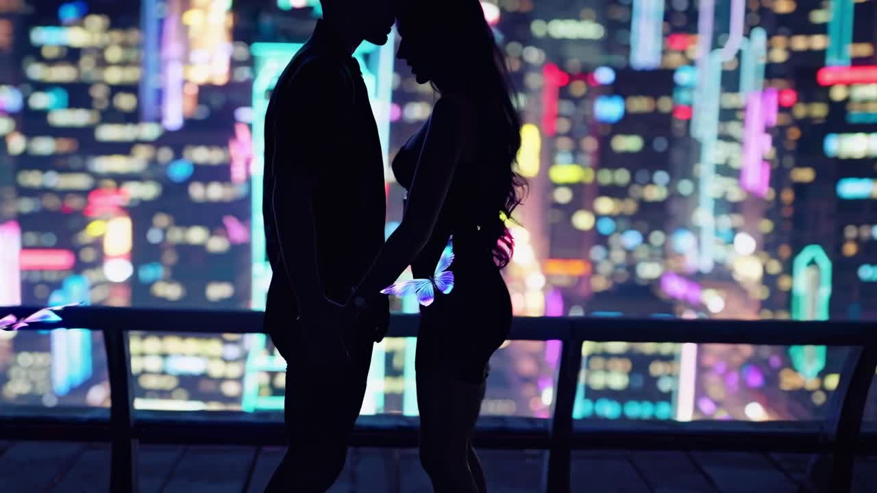 밤에 지붕 위에 있는 사랑에 빠진 커플