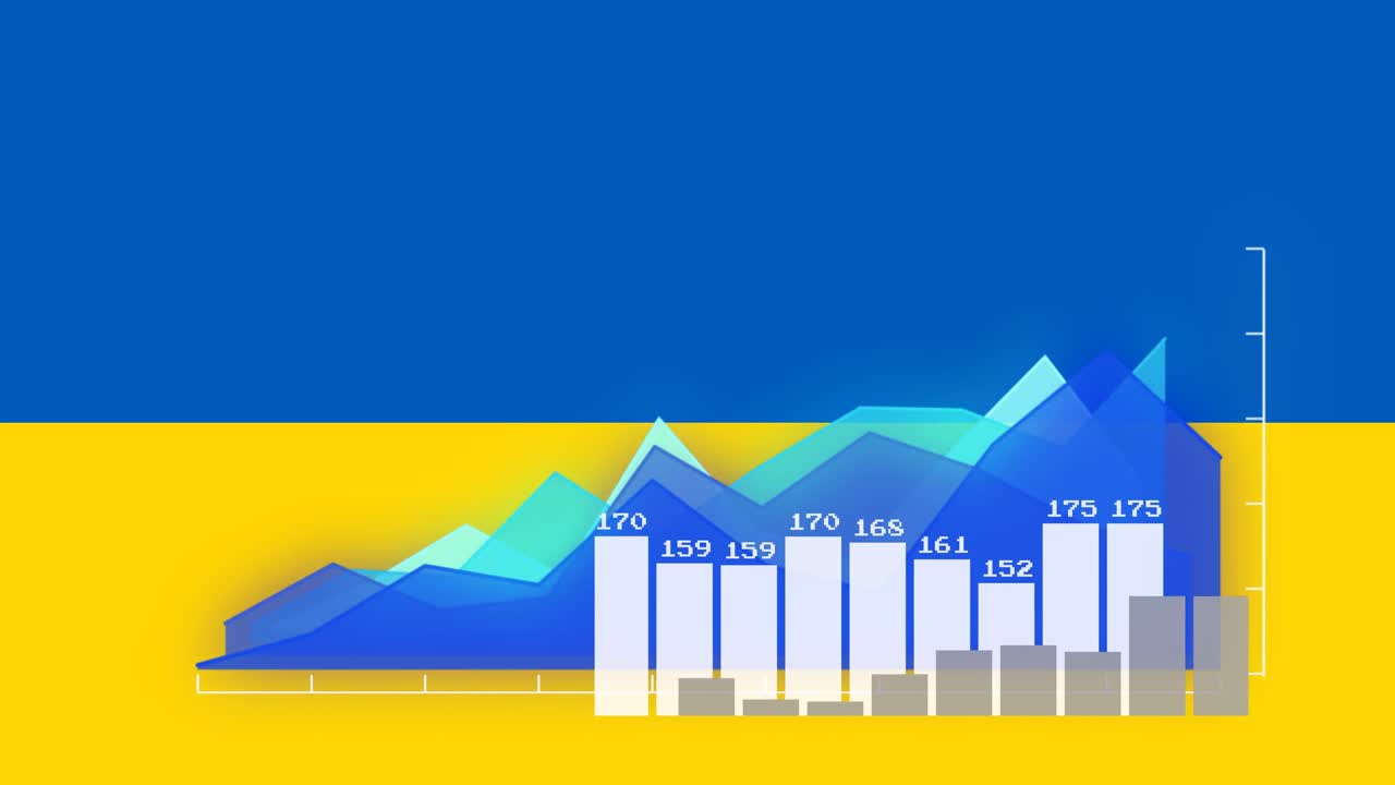 Animation of graphs and financial data over flag of ukraine