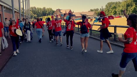 uefa womans euro 2022 fans celebrating outside leigh stadium