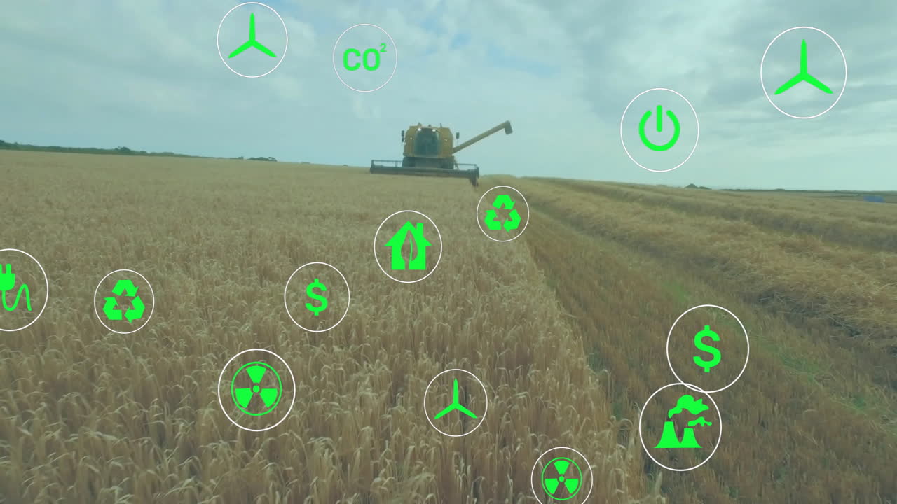 Combine harvester cutting golden wheat field, displaying floating green sustainability energy icons