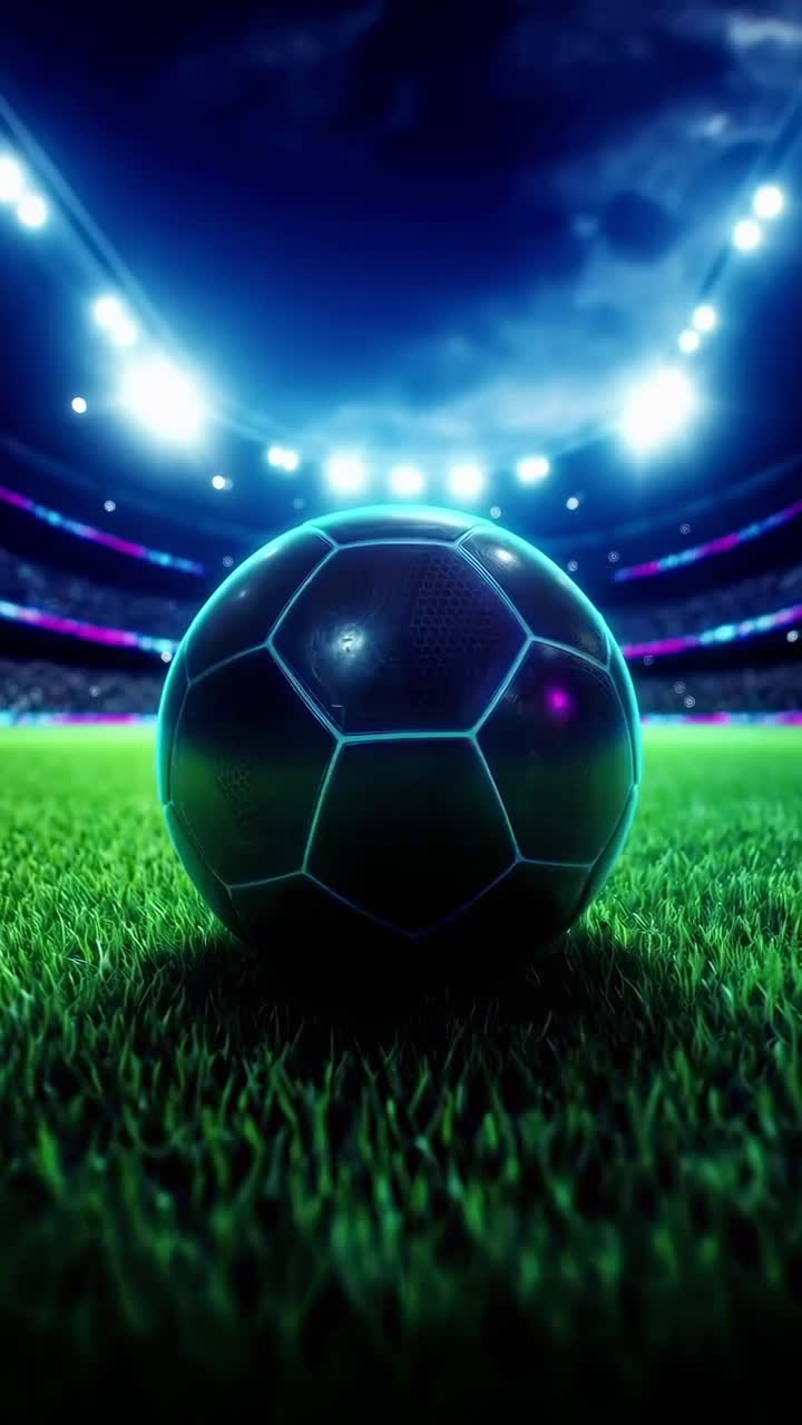Parlak stadyum ışıkları altında, canlı bir sahada parlayan futbol topunun düşük açılı videosu