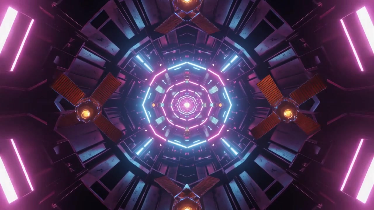 Futuristic Tunnel With Rotating Satellites and Neon Lights